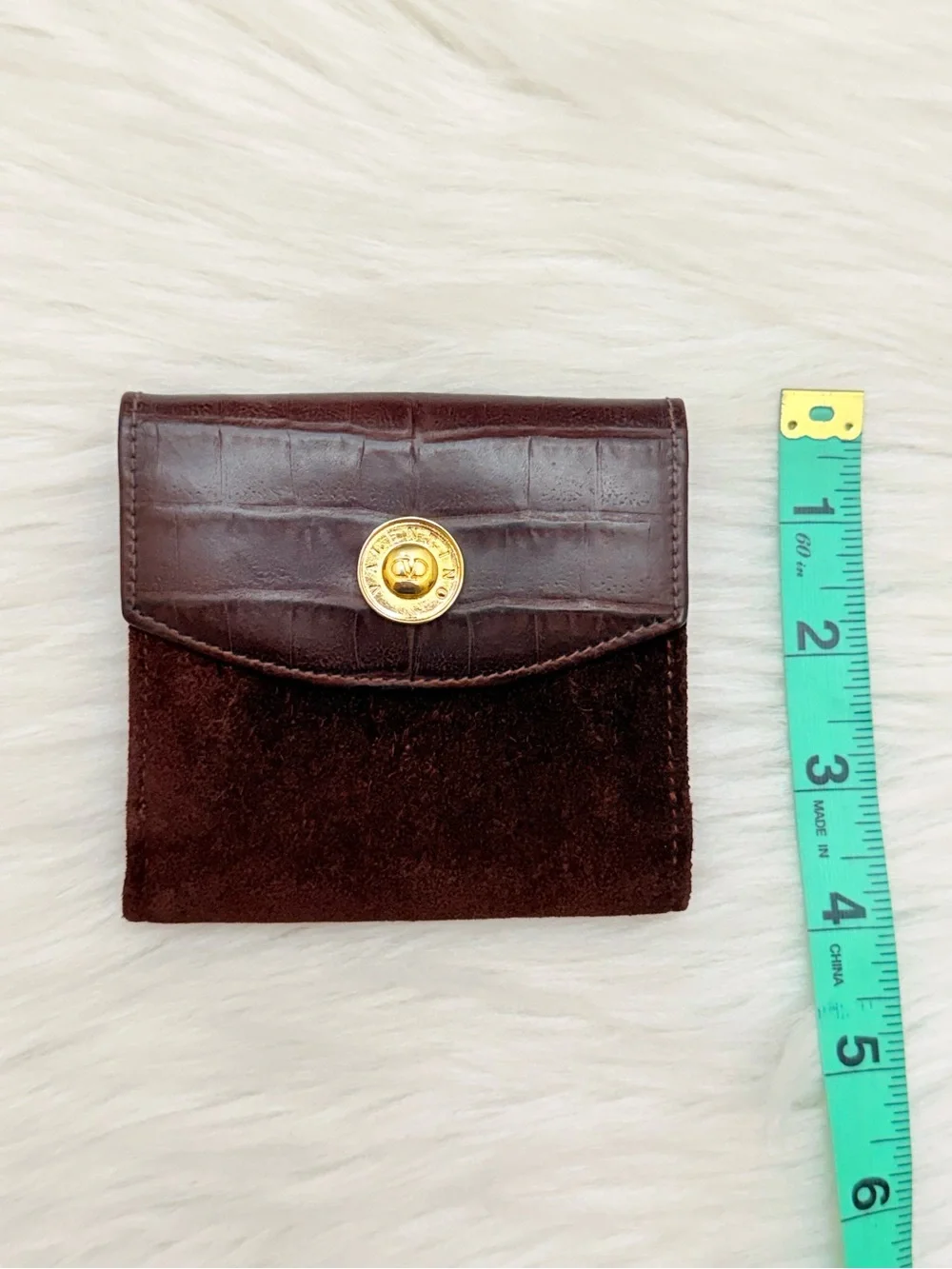 VALENTINO GARAVANI- BURGUNDY BROWN GOLD SUEDE LEATHER COMPACT BIFOLD SNAP WALLET